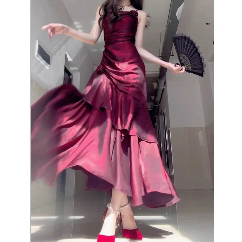 Burgundy Shiny Fashion Spaghetti Strap Long satin Ball Gown Evening Dress Party Dress nv3580