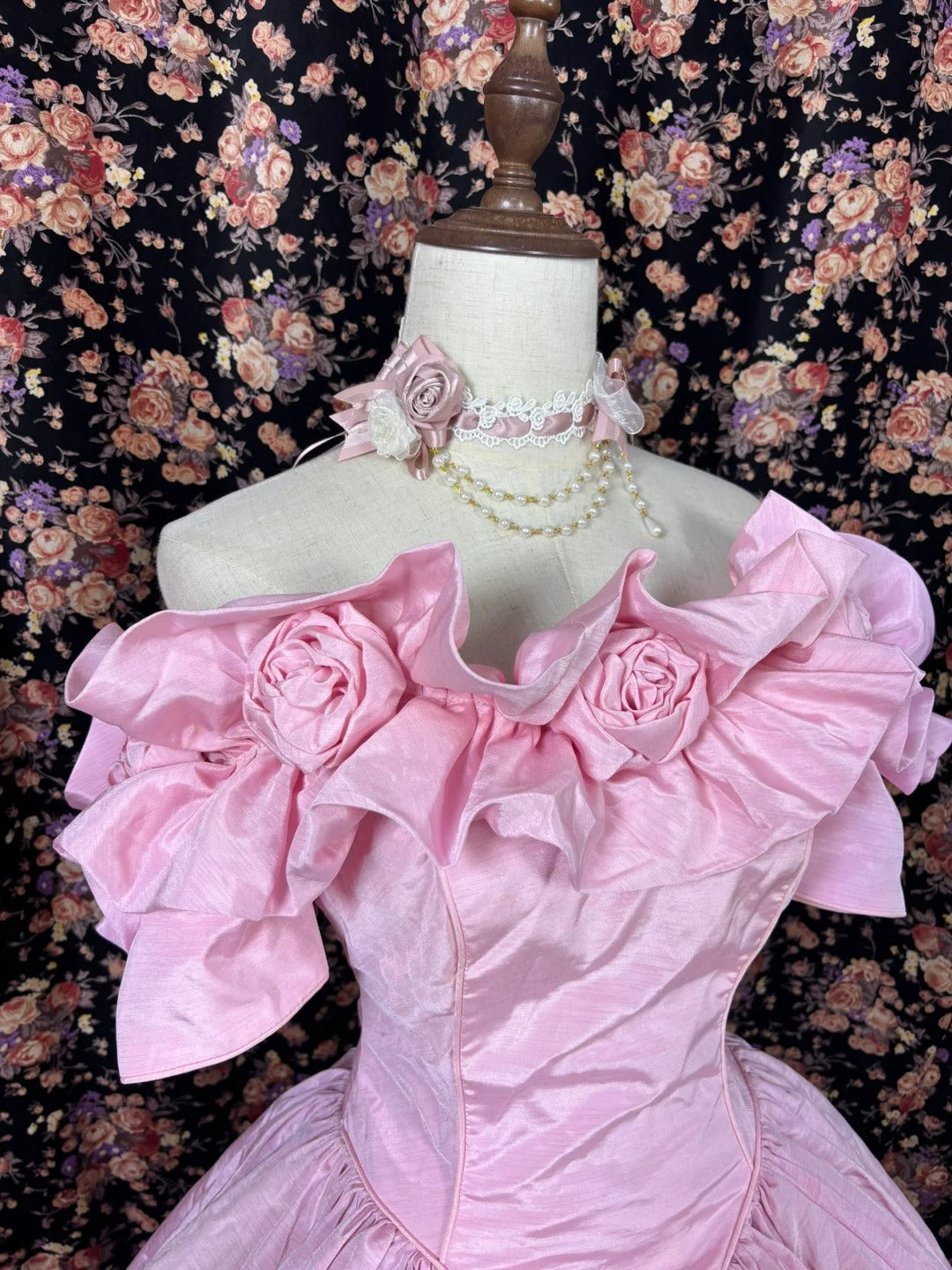 Pink floral beaded princess long satin ball gown evening dress quinceanera dress nv4649