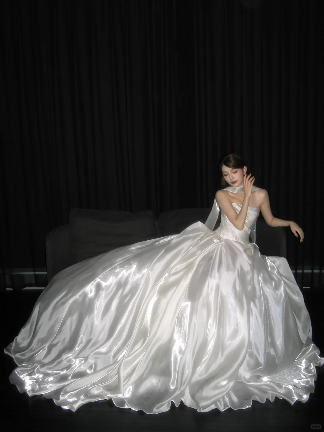 Strapless White Shiny Satin Ball Gown, Princess Wedding Bridal Dress With Neck Ribbon  NV7105