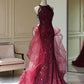 NiceVestidos-Burgundy Gradient Sequin Halter-Neck Tulle Shawl Mermaid Gown NV6223