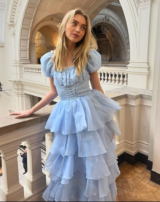 Blauer Tüll, süß, elegant, mehrlagig, lang, Ballkleid, Abendkleid, Partykleid, NV2824