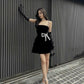 Black spaghetti straps stylish elegant cute rhinestone bow short mini homecoming dress holiday birthday party dress nv3133