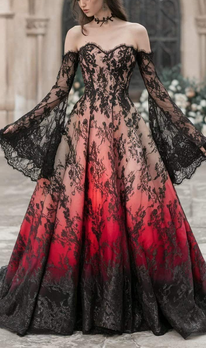 NiceVestidos-_Long-sleeved dress Red And Black Delicate Lace Gradient Long Ball Gown  NV6055