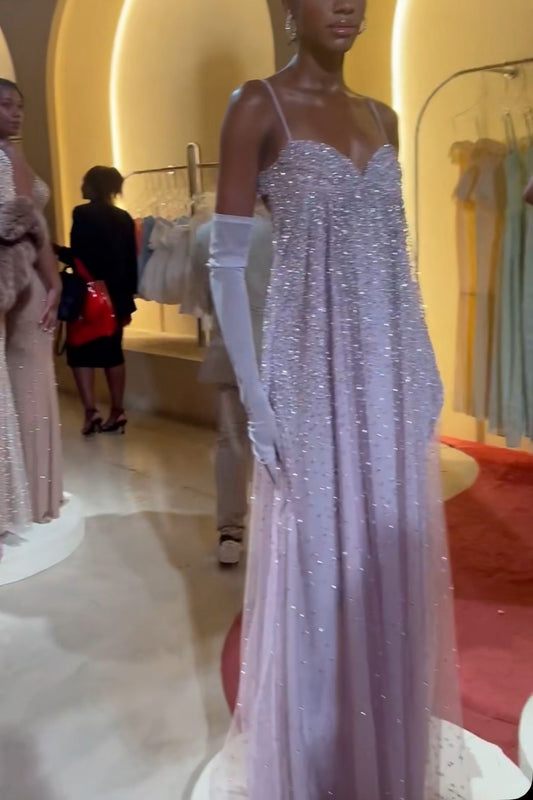 Pink gorgeous shiny spaghetti strap off-shoulder long chiffon prom dress evening dress nv5213