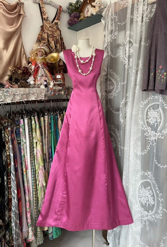 Robe de soirée en satin rose vintage, coupe trapèze, longueur au sol, nv3604