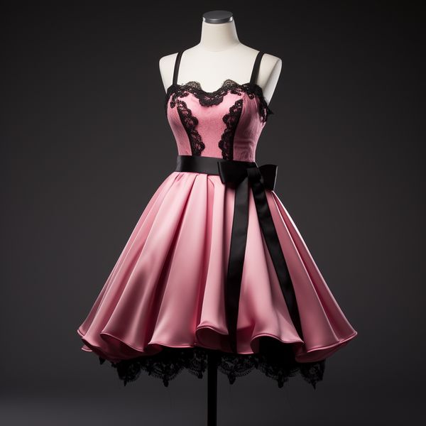 NiceVestidos--Black - Pink Contrast Lace Spaghetti - Strap Bow - Decorated Short Prom Dress NV5768