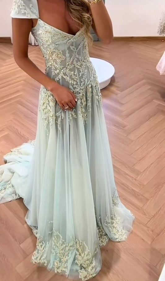 NiceVestidos-_ Exquisite Floral Appliqué Chiffon Dress NV5955