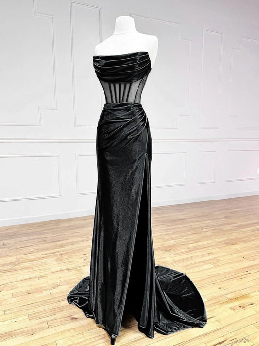 Schlichtes schulterfreies langes Ballkleid aus schwarzem Satin, langes Abendkleid in Schwarz nv1607