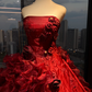 Strapless Burgundy Ball Gown Hand Beaded 3D Rose Ruffle Satin Tulle Prom Dress  NV7040