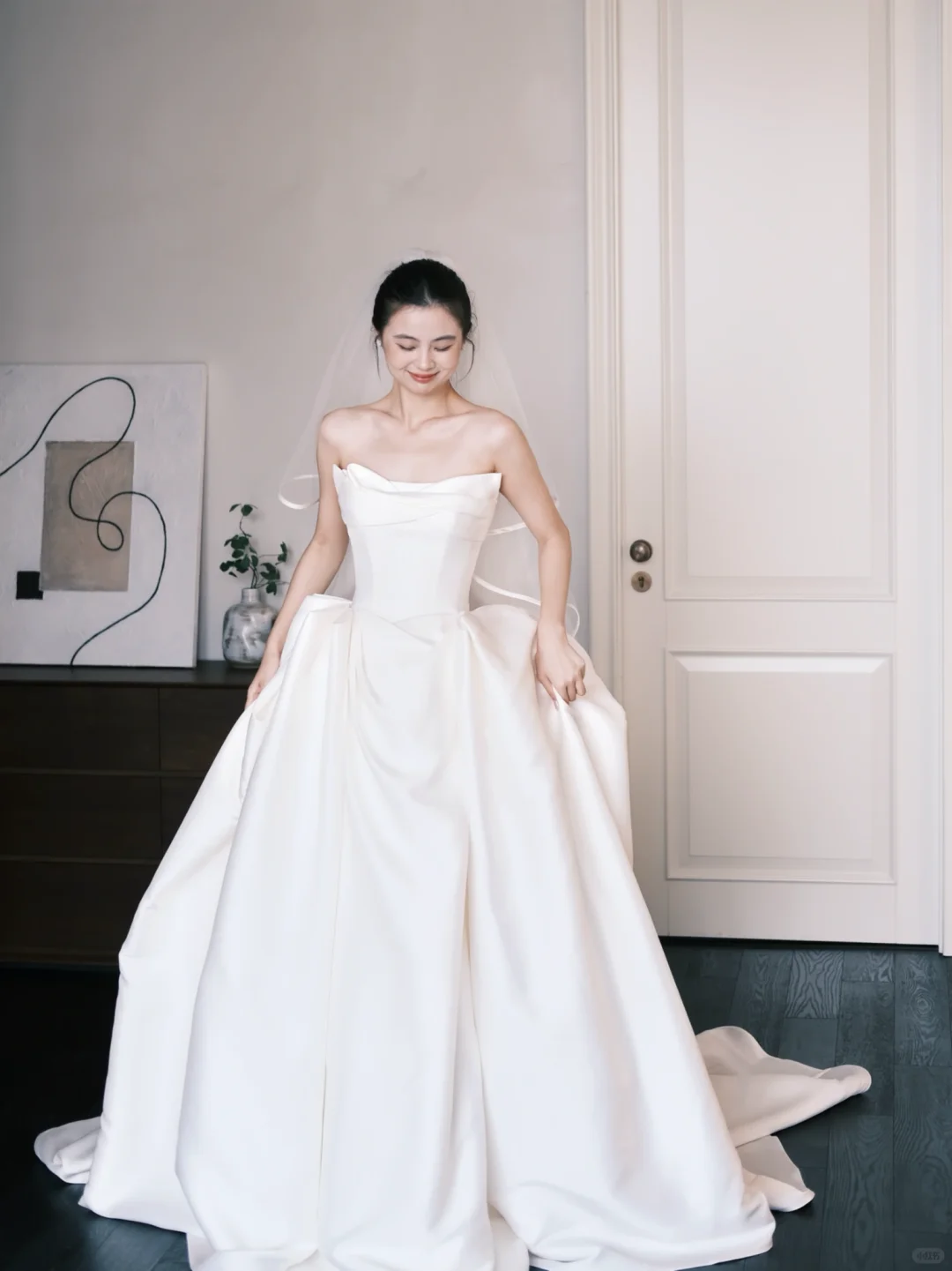 Strapless Cowl Satin Ballgown Wedding Dress with Pockets  NV7387