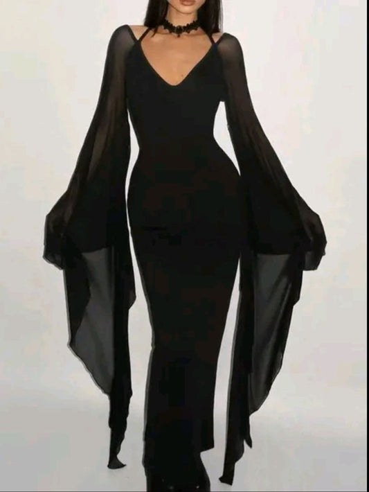 Black Tulle Flared-Sleeve Halter V-Neck Sexy Dark-Style Bodycon Gown NV6256