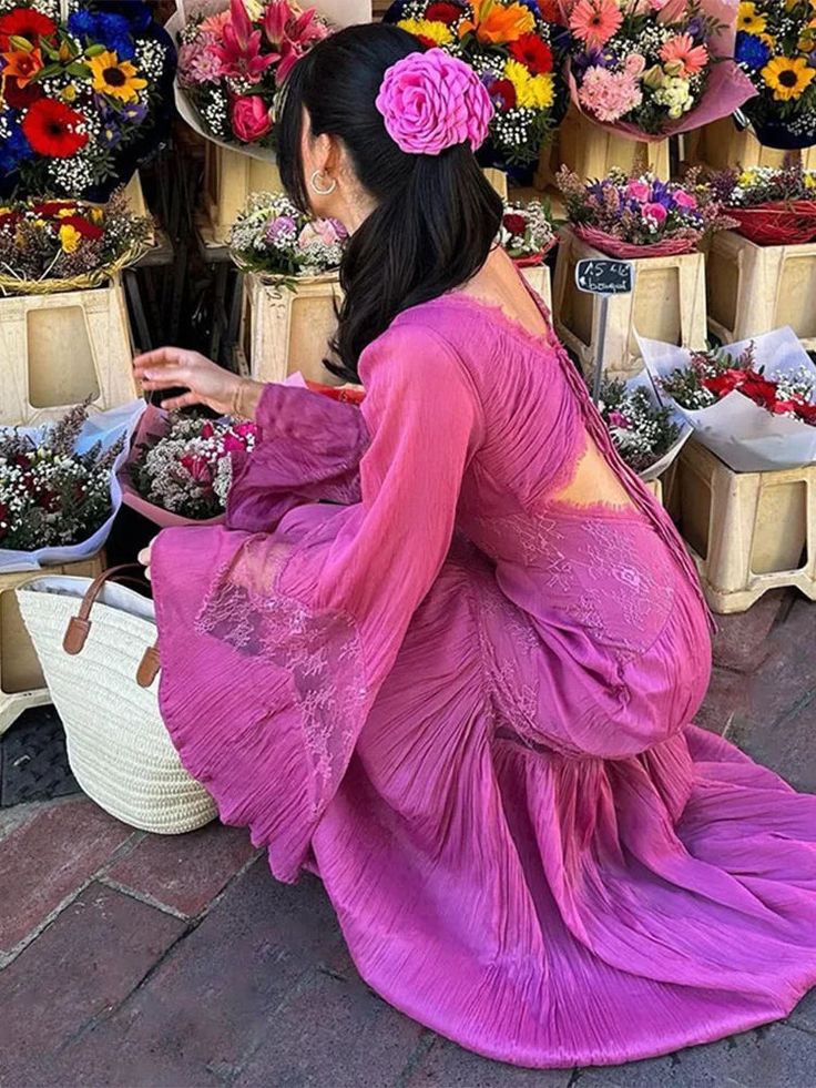 Robe de soirée longue en mousseline de soie, élégante, style rétro, col en V, dentelle exquise, volants, manches longues, longueur au sol, robe de bal, robe de soirée, robe de demoiselle d'honneur, nv3823