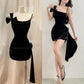Black simple fashion spaghetti strap short velvet homecoming dress birthday party dress evening dress nv3609