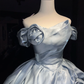 Ice Blue Satin Long Evening Gown Off The Shoulder Puffy Ball Gown with 3D Roses Prom Dress  NV7067