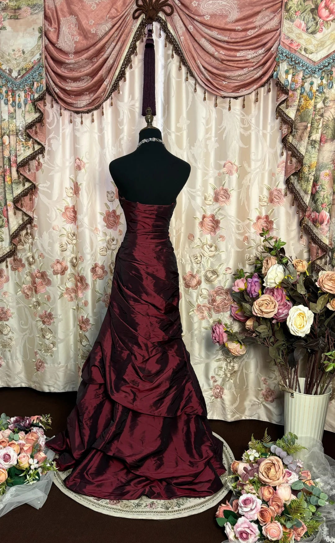 Burgundy Elegant Retro Long Satin Ball Gown Evening Dress Adult Ceremony Dress Birthday Dress  nv4200