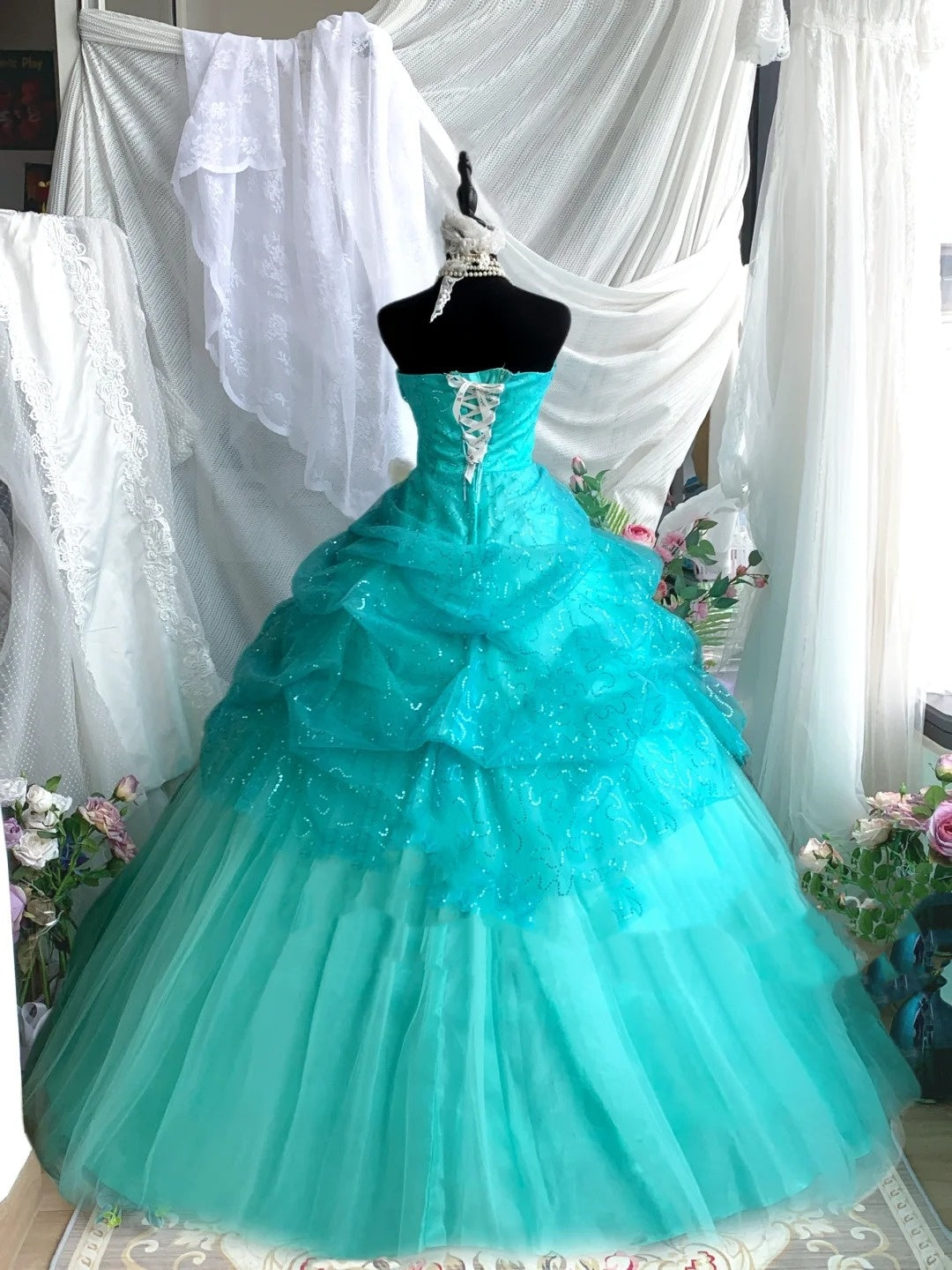 Blue Mint Green Sweet Shiny Long Tulle Princess Ballgown Evening Dress Party Dress Bar Mitzvah Dress Birthday Dress nv4198