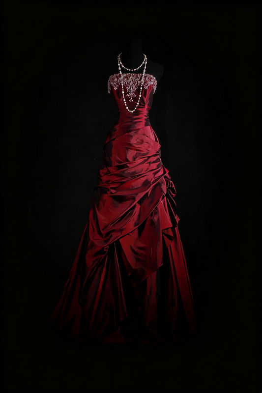 NiceVestidos--Vintage Burgundy Exquisite Beaded Satin Pleated Long Ball Gown Graduation Dress NV5859