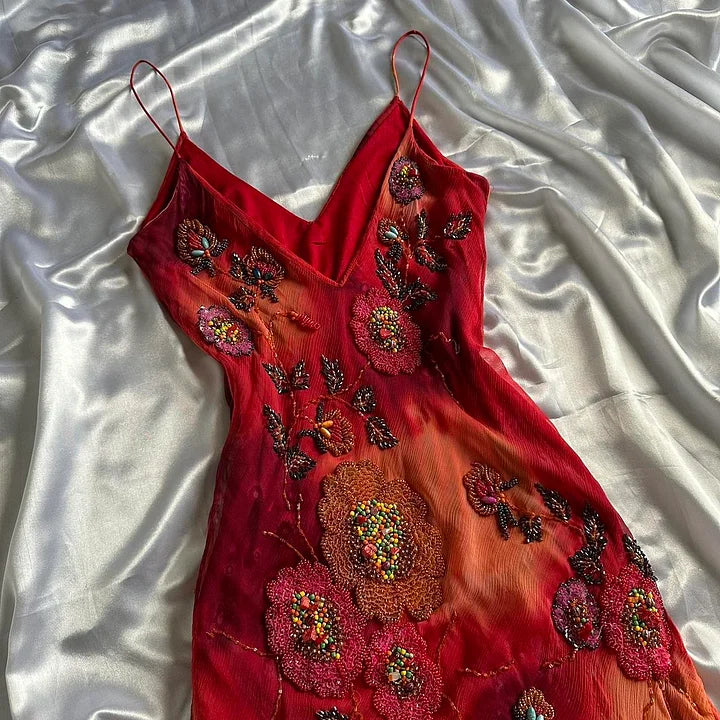 🌺✨Robe de soirée longue en mousseline de soie, élégante et rétro, avec perles exquises, rouge, nv5351