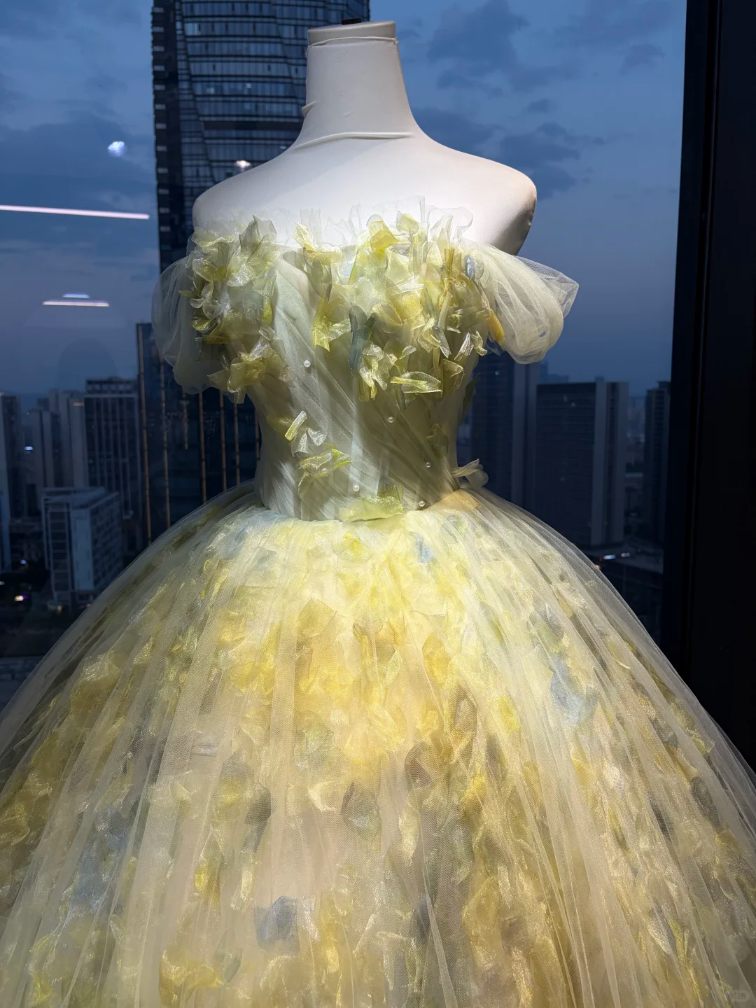 Pale Yellow Off Shoulder Floral Ball Gown, 3D Petal Appliques Tulle Long Formal Evening Prom Dress for Women  NV7036
