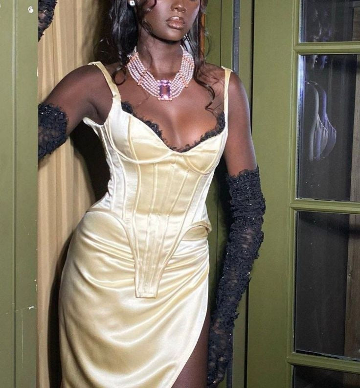 Beige Lace Long Satin Prom Dress Evening Dress Party Dress nv4870