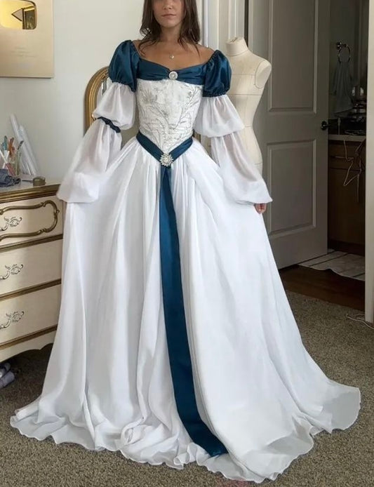 Retro Court Style White-Blue Contrast Embroidered Off-Shoulder Ballgown - Medieval Theme Party & Cosplay Dress NV6389