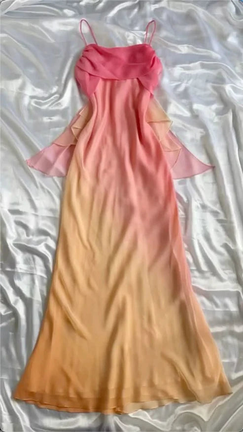 Orange Pink/Teal Unique Long A-Line Spaghetti Strap Ombre Chiffon Evening Gown Party Dress nv4347