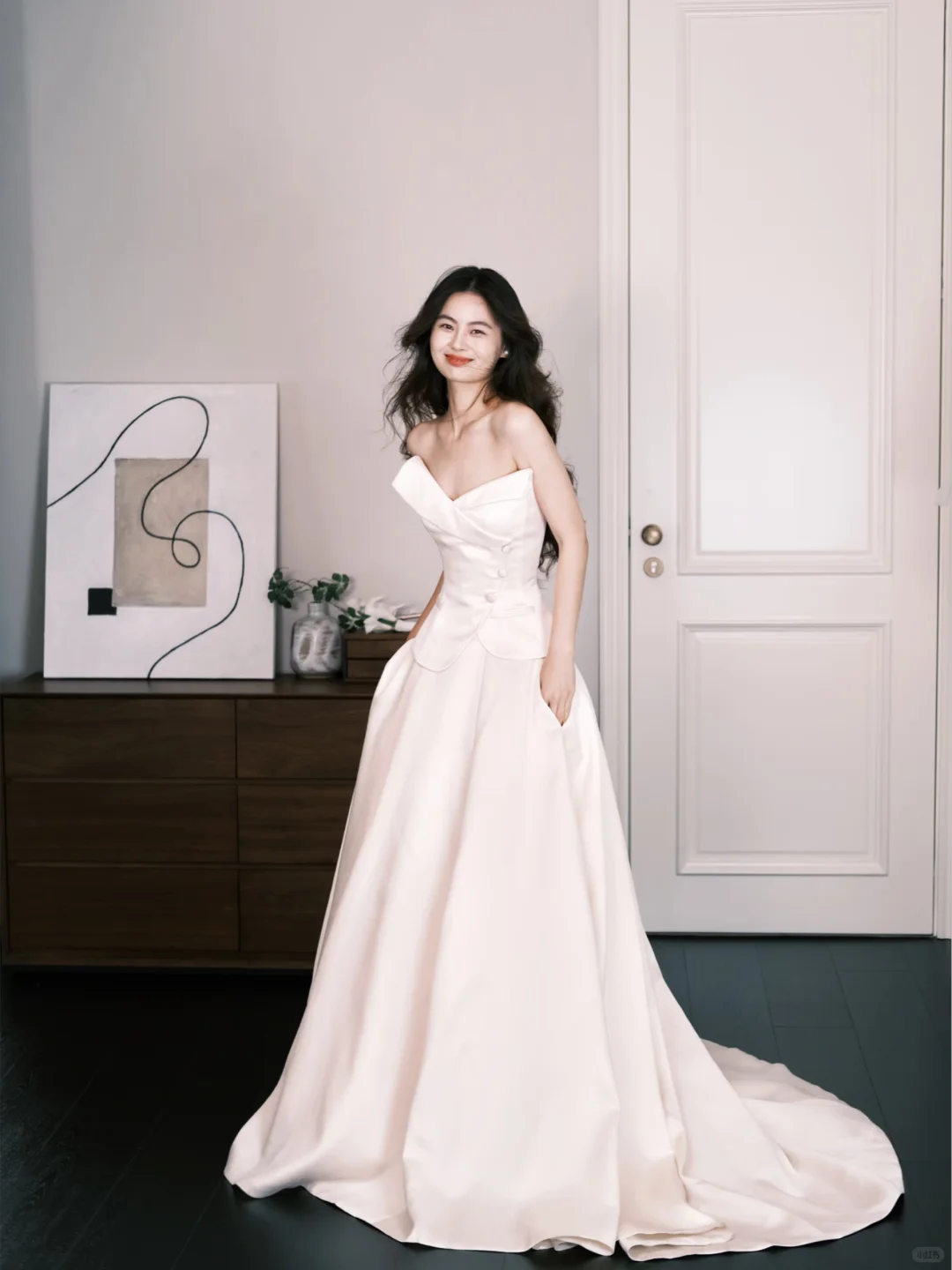Off Shoulder Satin Bridal Gown, Minimalist Wedding Dress with Pockets  NV7293