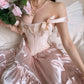 Robe de soirée longue en satin rose magnifique et élégante avec nœud en pierre précieuse nv2767