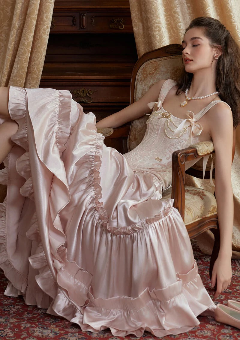 Robe de soirée longue en satin rose magnifique et élégante avec nœud en pierre précieuse nv2767
