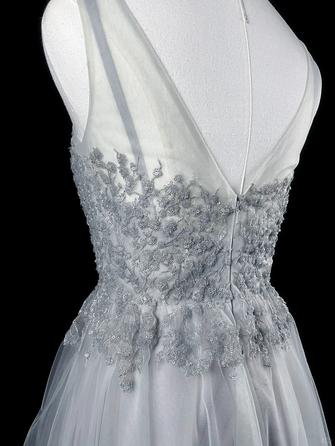 Silbernes kurzes Heimkehrkleid mit Pailletten, Spitze und Tüll, Ballkleid, Geburtstagskleid, nv4496