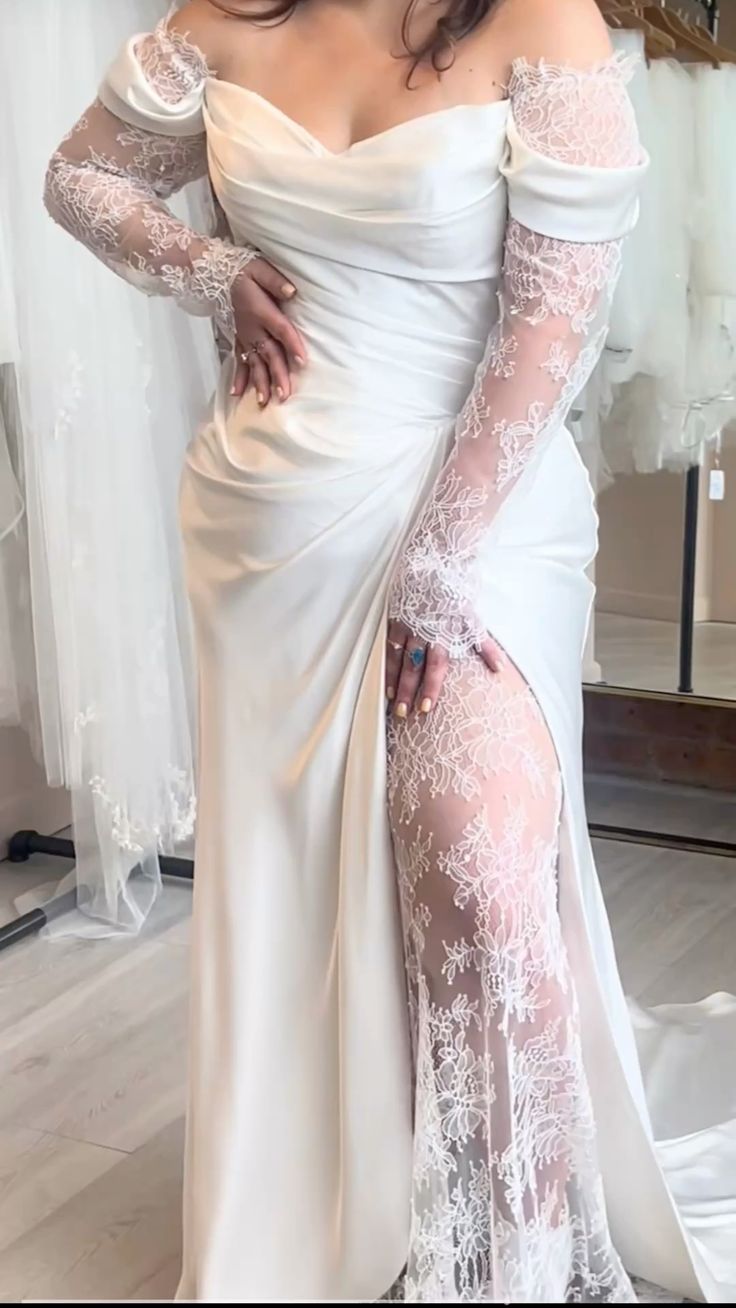 Silver-Cream Satin Off-the-Shoulder Lace Sleeve Slit Floor-Length Elegant Wedding Dress NV6232 – NiceVestidos