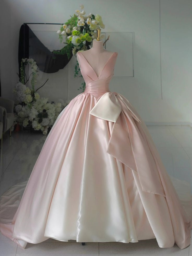 Rosa V-Ausschnitt schlichtes, modisches, langes Satin-Ballkleid mit Schleife, nv3022