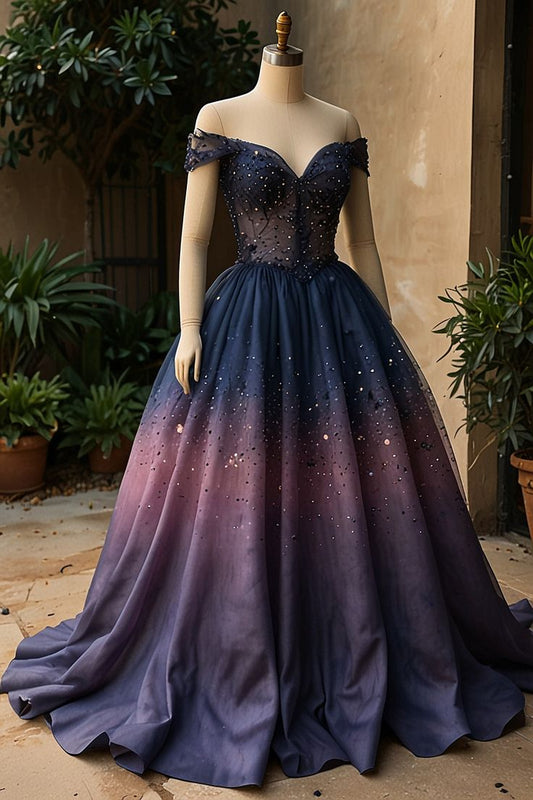 NiceVestidos-A Long, Floor-Length Ball Gown Featuring A Gorgeous, Shimmering Blue-Purple Gradient And Exquisite Beading. NV6109