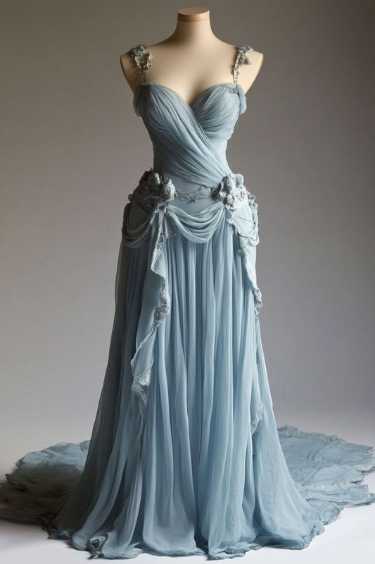 Blue Gorgeous Retro Fashion Elegant Floral Appliqué A-Line Long Tulle Floor-length Tail Evening Gown Prom Dress nv3834