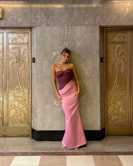 Robe de soirée longue rose unie à épaules dénudées et coutures nv2918