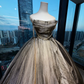 Strapless Black Gold Ombre Shimmer Ball Gown Ruched Bodice Chain Tassel Irregular Ruffle Long Prom Dress  NV7023