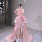 Robe de soirée longue en satin et tulle rose, élégante et exquise, à fleurs perlées, épaules dénudées, longueur au sol, à paillettes, nv3821
