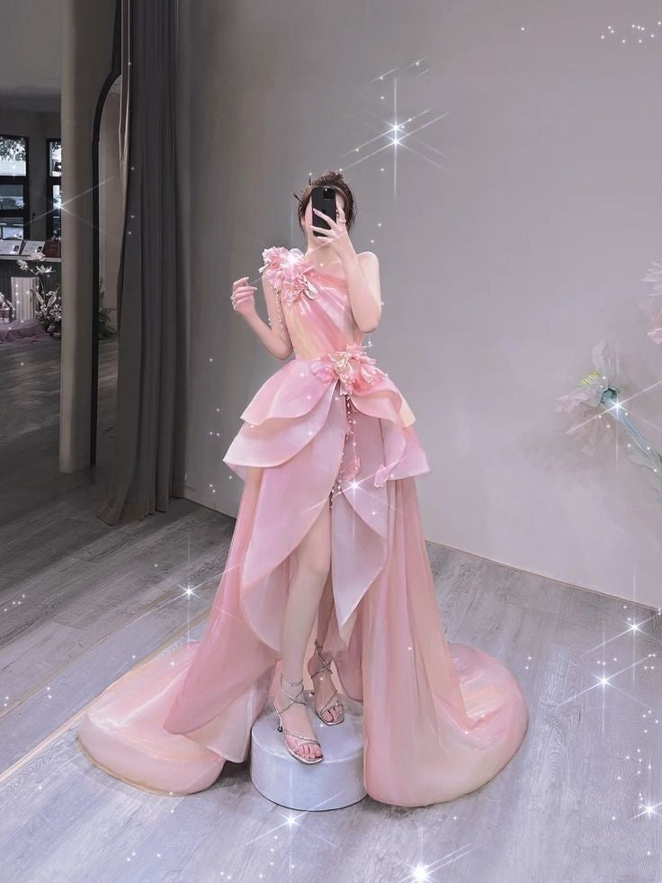Robe de soirée longue en satin et tulle rose, élégante et exquise, à fleurs perlées, épaules dénudées, longueur au sol, à paillettes, nv3821