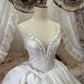 Vintage Princess Style Ivory 3D Floral Appliqué Spaghetti Straps Deep V-neck Open Back Satin Ball Gown Wedding Dress with Train   NV6867