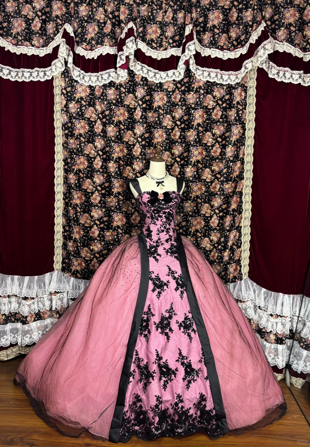 Robe de soirée longue en tulle et dentelle florale rose avec appliques, robe de princesse nv4652