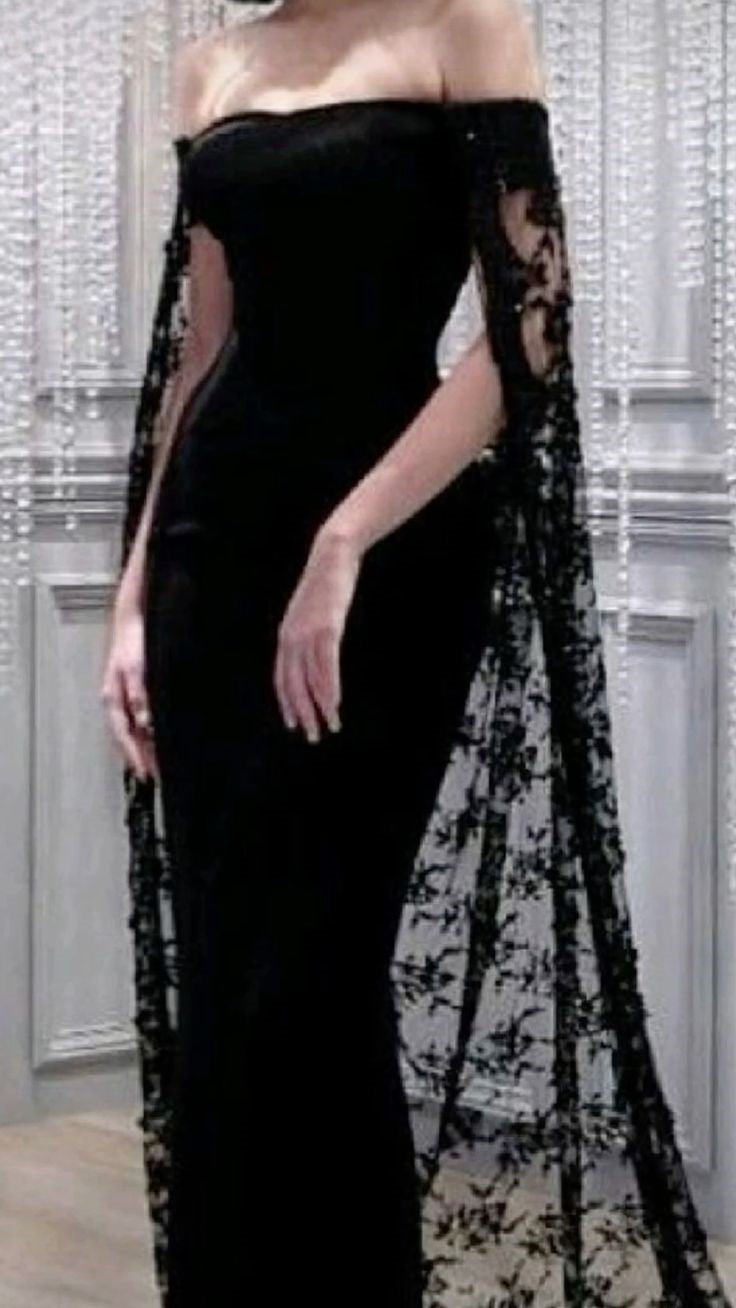 Black noble and elegant mermaid slim lace cape elegant long floor-length trailing ball gown evening dress party dress nv1914