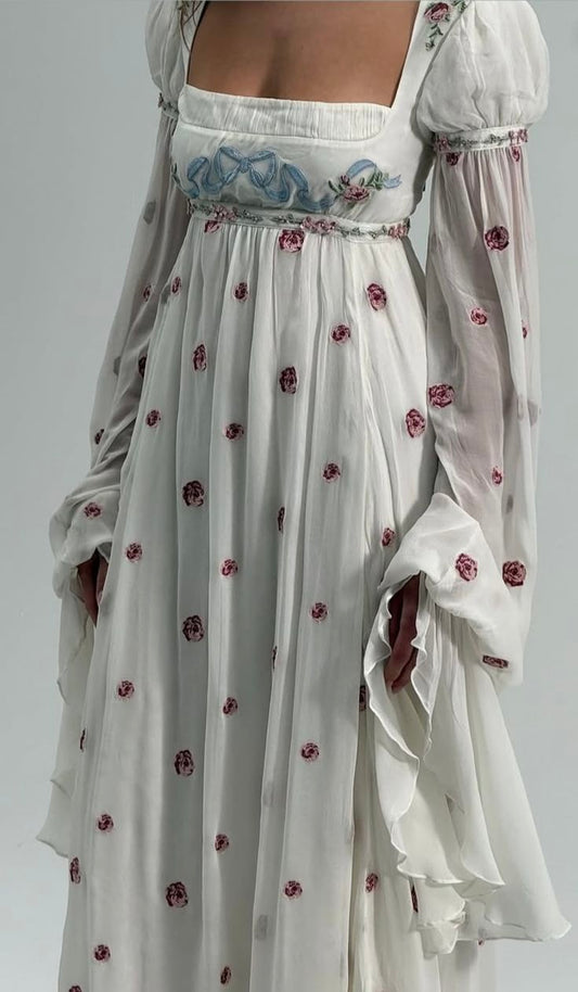 NiceVestidos – Langärmliges Empire-Kleid, hohe Taille, langes Chiffon-Ballkleid mit Blumenmuster und quadratischem Ausschnitt, NV5878