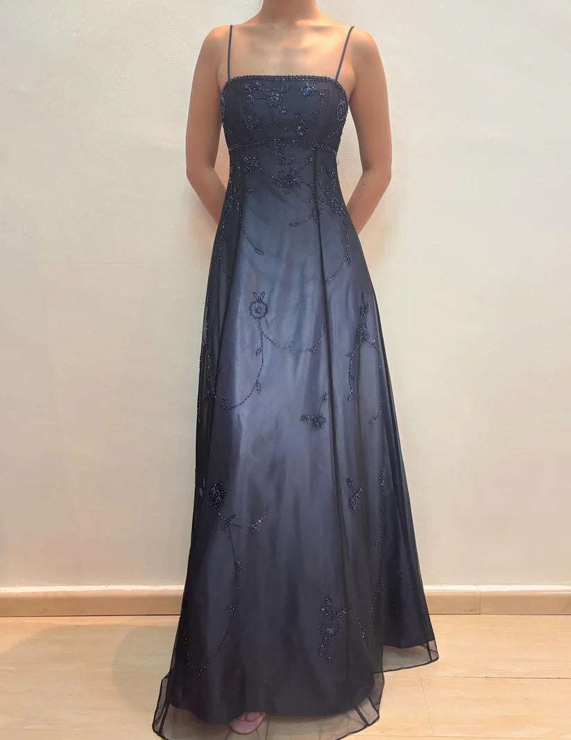 NiceVestidos--Dark blue/dark grey floral exquisite beaded long tulle prom gown fairy dress NV5777