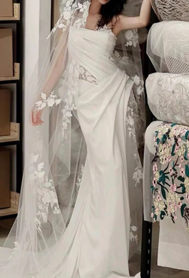 Robe de bal longue en satin blanc ivoire, coupe trapèze, en dentelle délicate, robe de soirée, robe de mariée nv3708