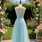 Ice blue lace sparkling thin suspender strapless chiffon grand dress  NV6787