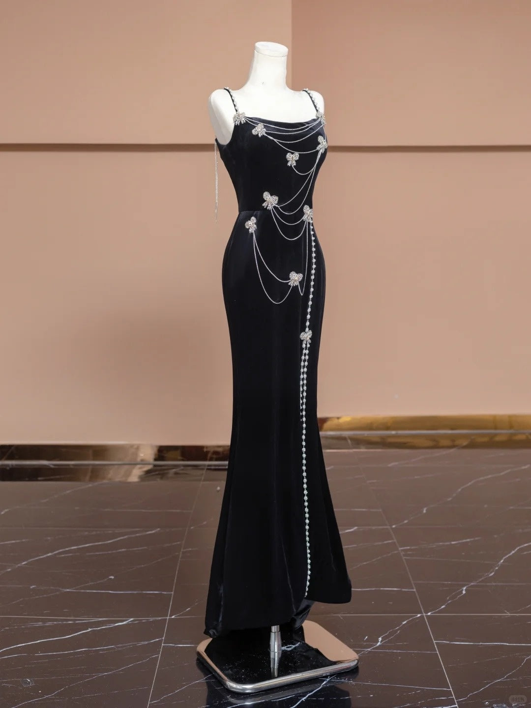Black butterfly velvet long beaded prom dress evening gown nv5077