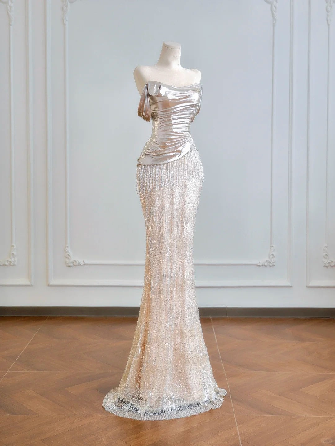 Light Gold Beaded Satin Long Tulle Prom Dress Evening Dress Party Dress nv4945