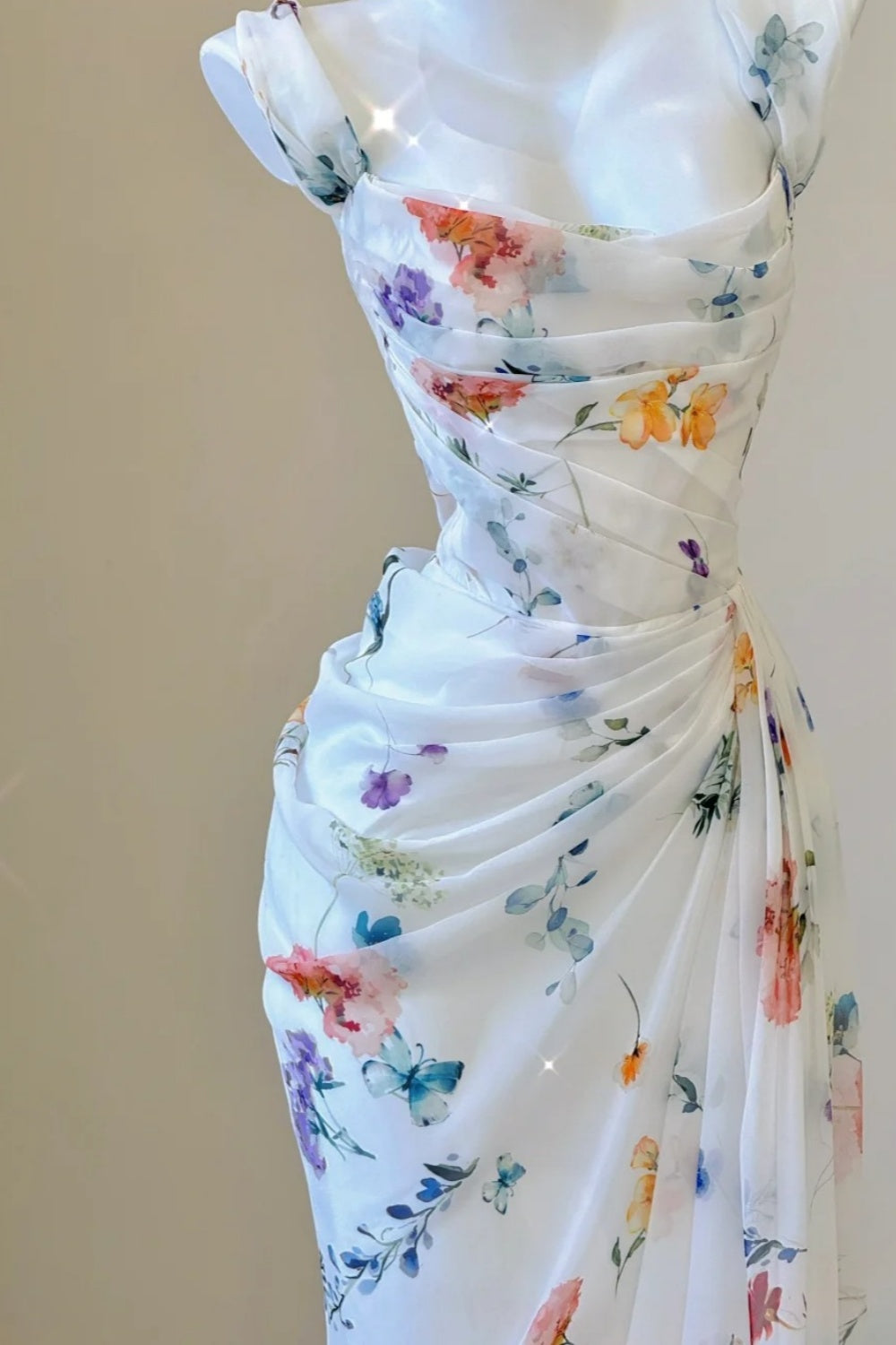 NiceVestidos--Fresh Art Style：Floral Chiffon Waist - Cinched Sleeveless Floor - Length Creative Evening Dress NV5811