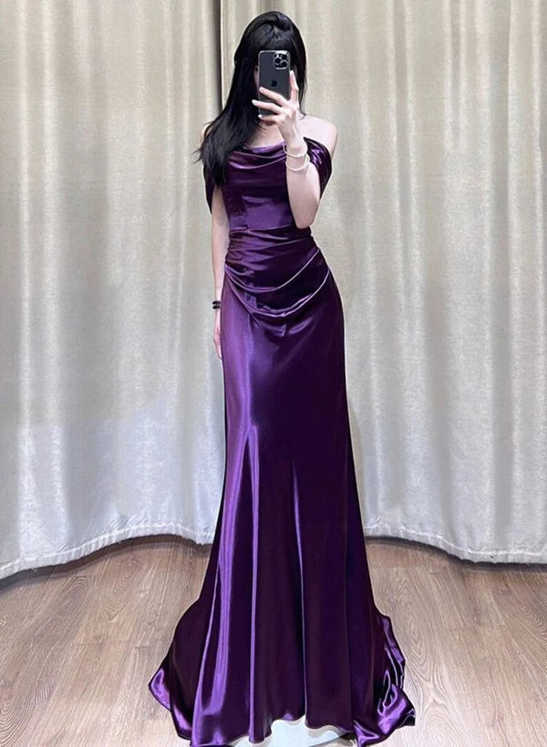 Robe de soirée longue en satin à épaules dénudées violette nv1997