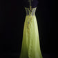 NiceVestidos--Dreamy Handmade Beaded Niche Forest Fairy Tale Nature Art Glam Yellow Green Chiffon Beaded Halter Neck Fitted Long Prom Dress NV5793